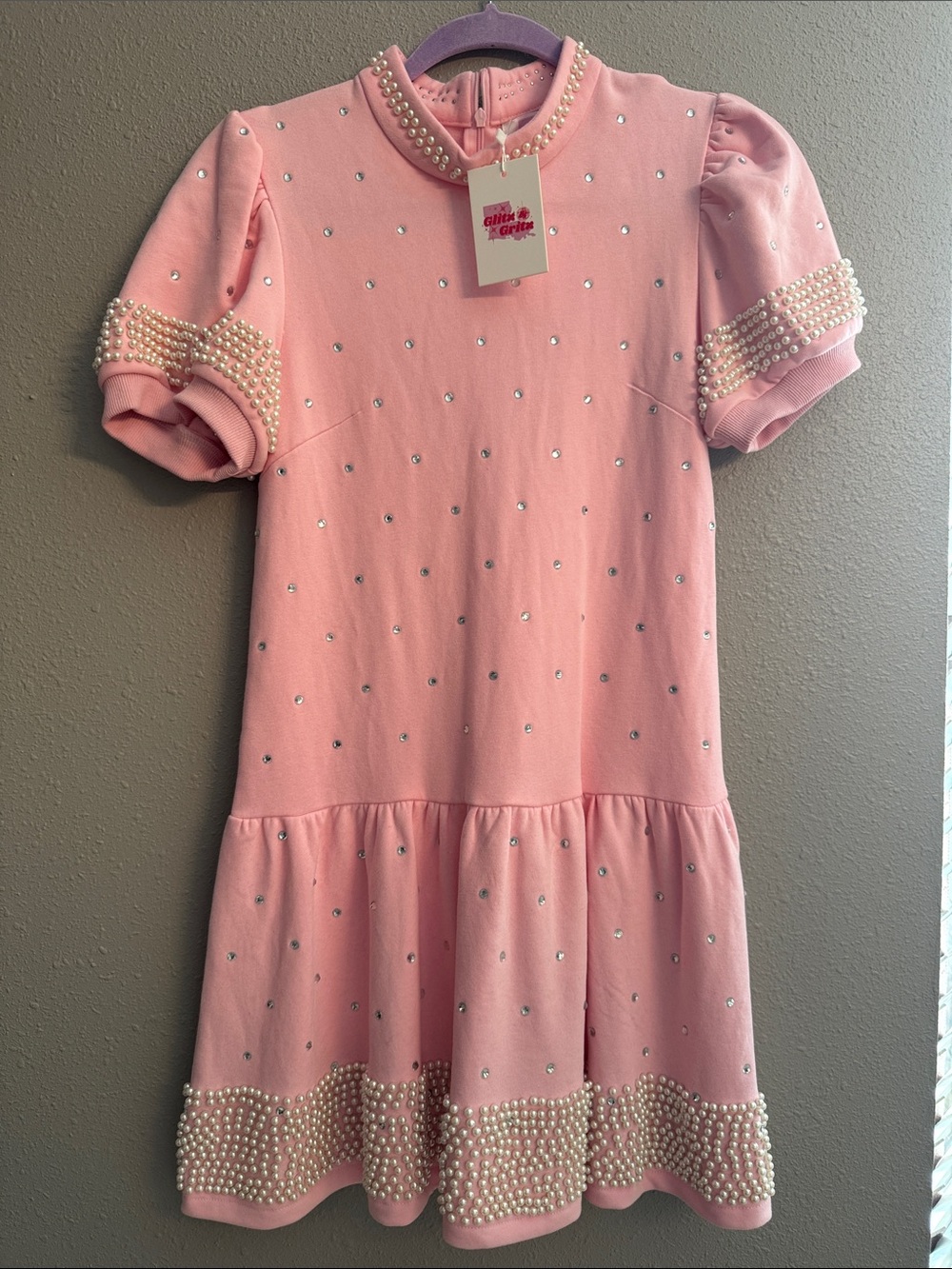 Women’s Pink Pearl-Embellished Puff Sleeve Dress